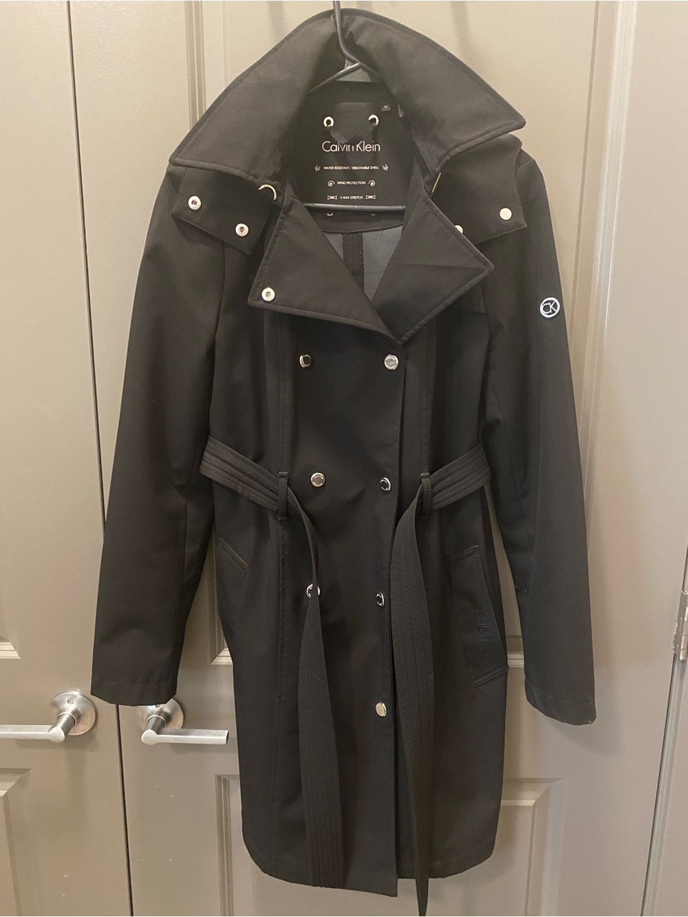 Calvin Klein Women's Jacket Size M Black Trench-Rain Coat Belted with Hood